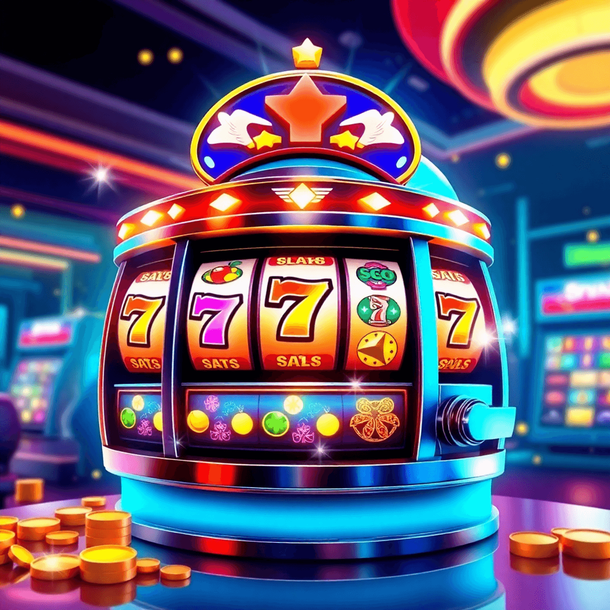 Bright, colorful online pokies slot machine with spinning reels and sparkling lights against a sleek digital casino backdrop.