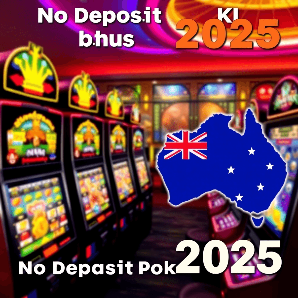 Colorful slot machines with bright lights spin against a backdrop of an Australian map, highlighting no deposit pokies bonuses for 2025 in a realis...