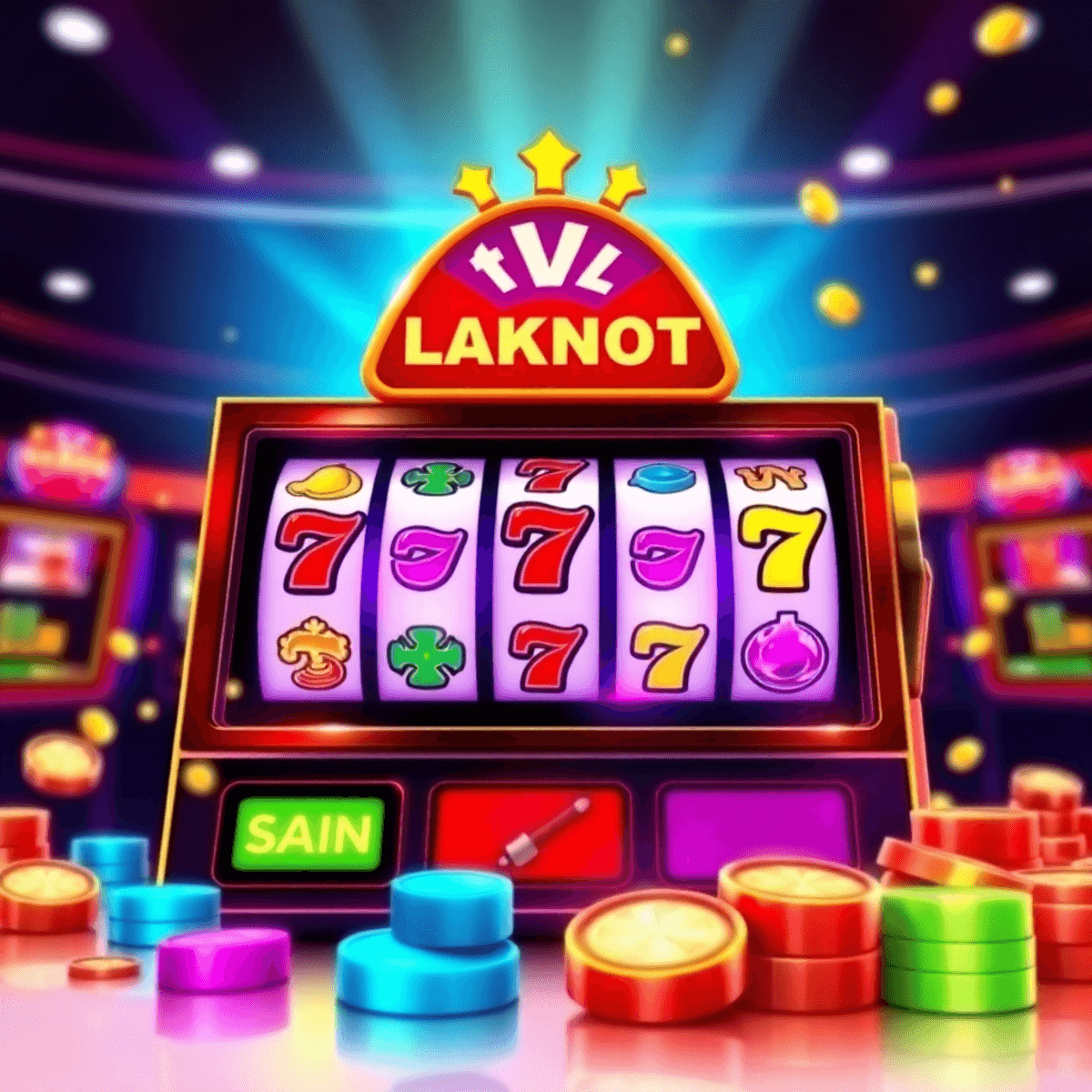 Digital slot machine with spinning reels, bright symbols, glowing jackpot numbers, set against a sleek online casino background.