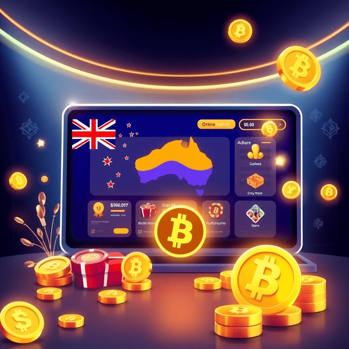 Futuristic online casino interface with Australian elements, Bitcoin symbols, glowing bonuses, and sleek blockchain-themed background in a realisti...