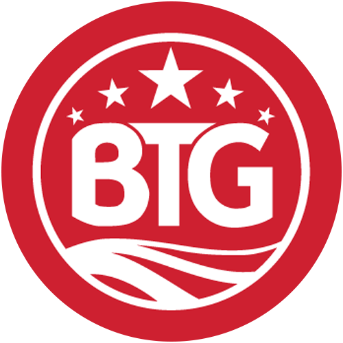 Red circular logo with "BTG," stars above, and wavy lines below in bold white font.