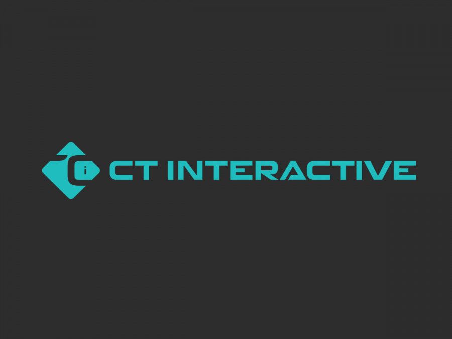 CT Interactive logo with turquoise text and geometric "i" on dark background.
