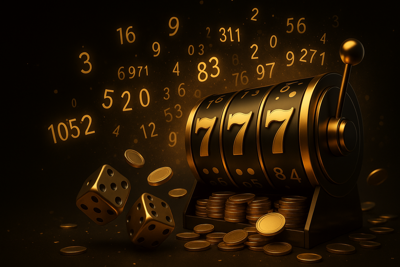 Golden slot machine showing 777 with coins, dice, and floating numbers.