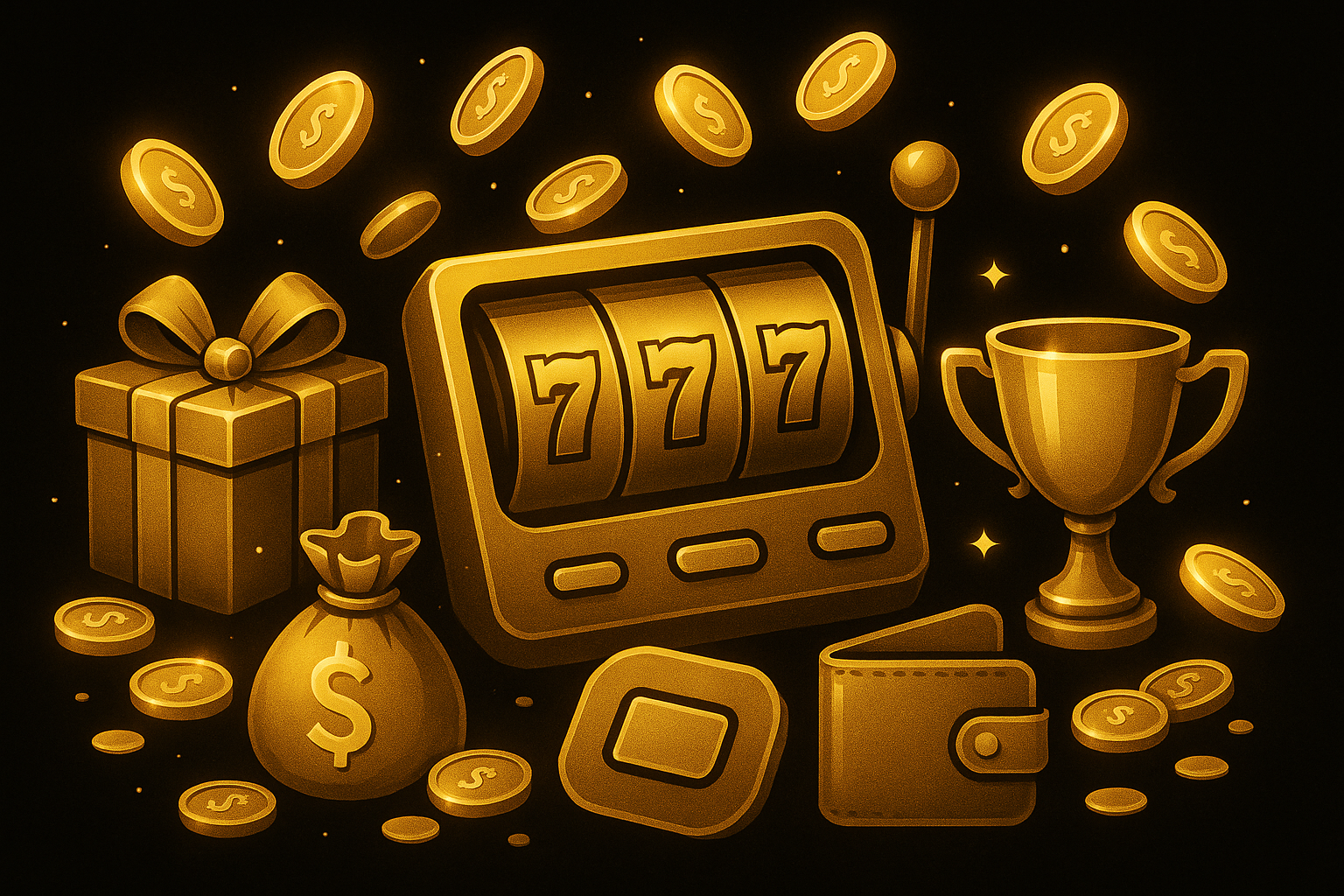 Jackpot Celebration Illustrations Golden illustration of a slot machine with three sevens, coins, gift, trophy, and money items.