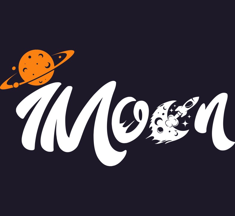 Moon art with planet as 'M' and moon with rocket as 'o', on a dark background.