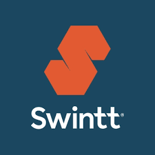 Orange geometric logo with "Swintt" text on dark blue background.