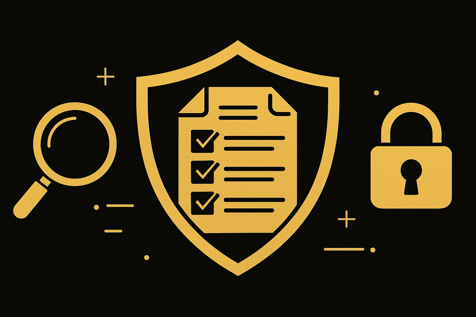 Security and Verification Emblem Shield with checklist, magnifying glass, and padlock in gold on black signify security themes.