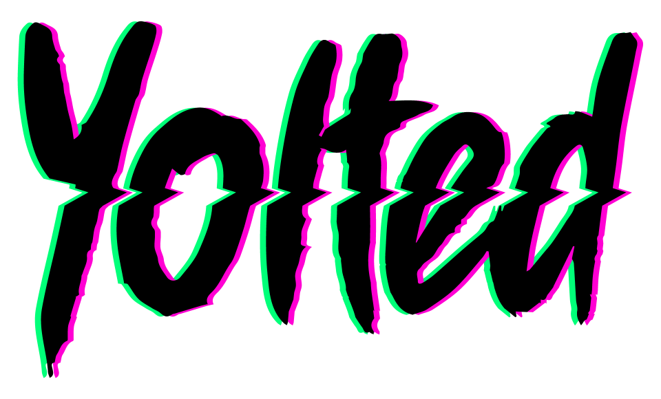 Stylized "Yotted" text with pink outline, green shadow, and jagged edges.