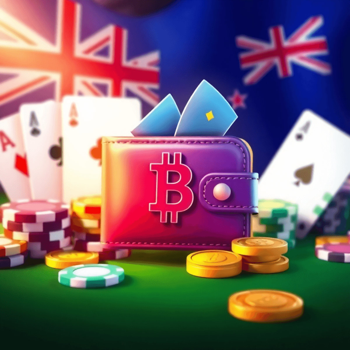 Digital illustration of a secure cryptocurrency wallet icon with poker chips and playing cards, representing online gambling and crypto payments in...