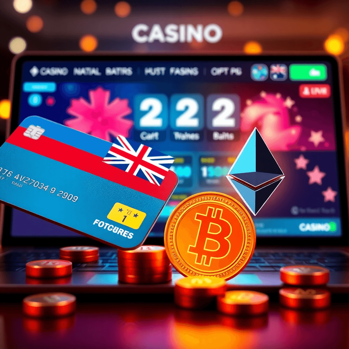Split digital casino scene showing traditional payments with Australian currency and glowing cryptocurrency icons on a sleek, Aussie-themed online ...